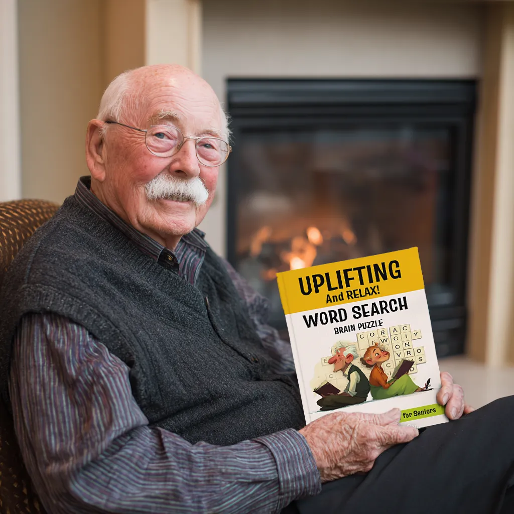 UPLIFTING and RELAX Word Search Brain Puzzle 4 word search man cover VIVA RETIRE Activities, Gifts and Products to cheer up Seniors and Retired Dad and Mom